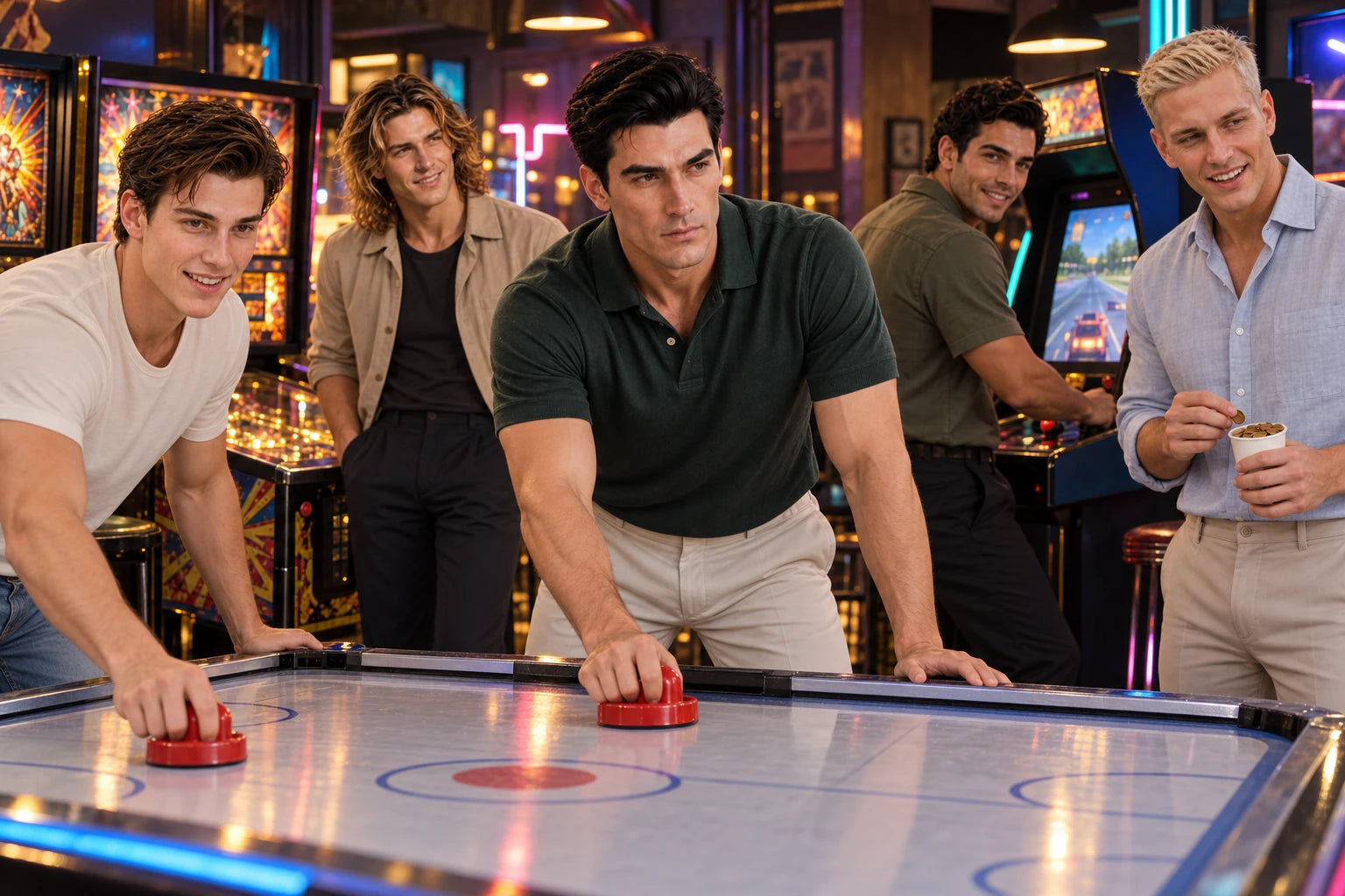 Ryndal at an air hockey table with Ruven, Dorian, Gary and Plaudis in a warmly lit arcade