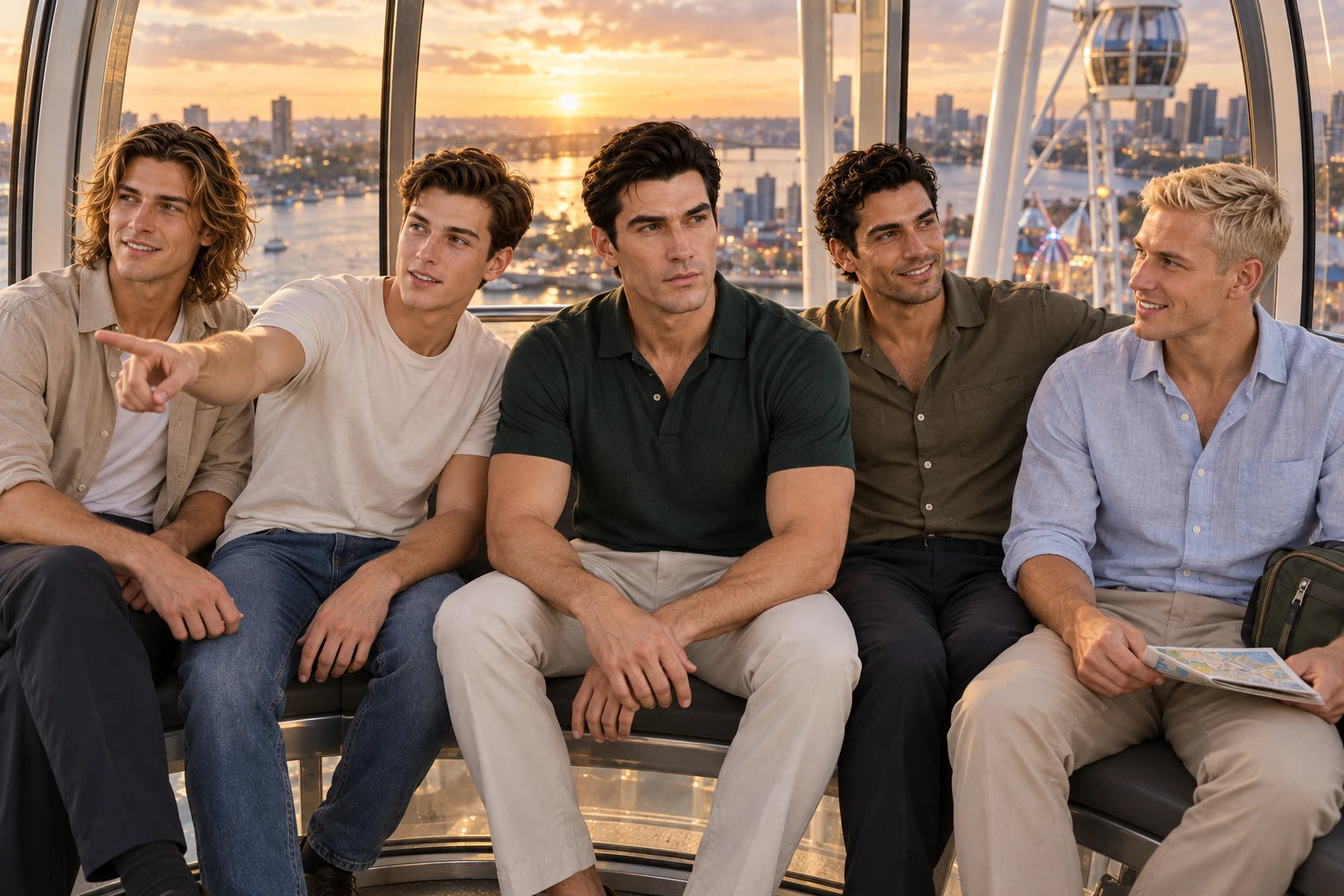 Ryndal seated between his four friends in a Ferris wheel cabin overlooking the sunset