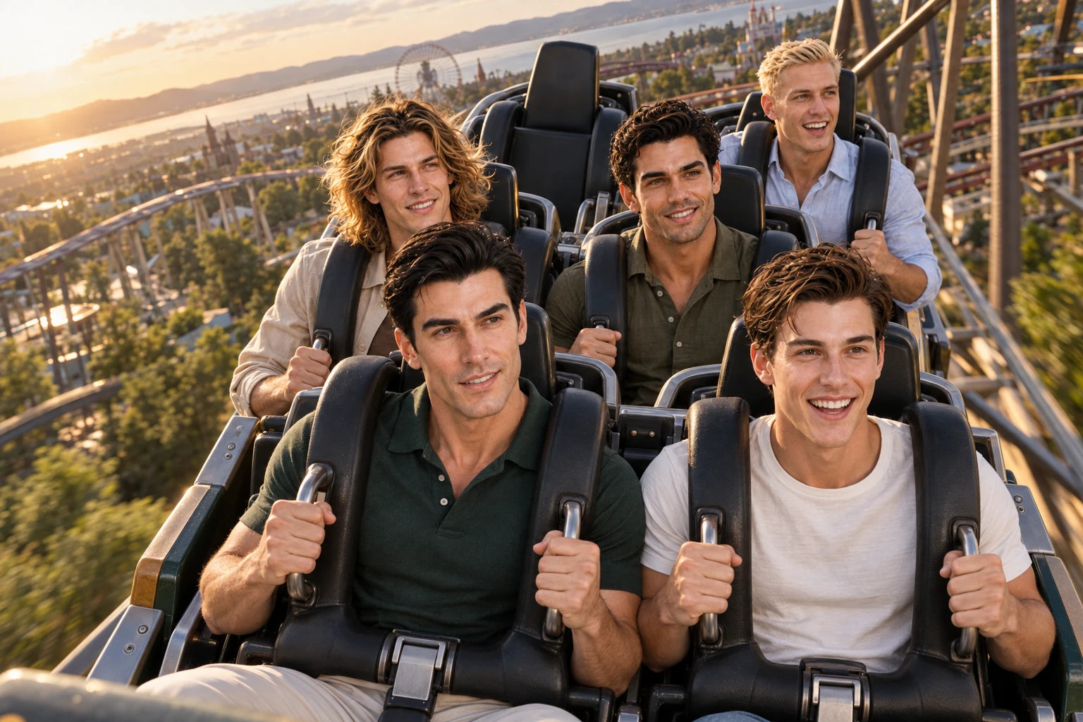 Ryndal and Ruven in the front row of a roller coaster with Dorian, Gary and Plaudis behind them
