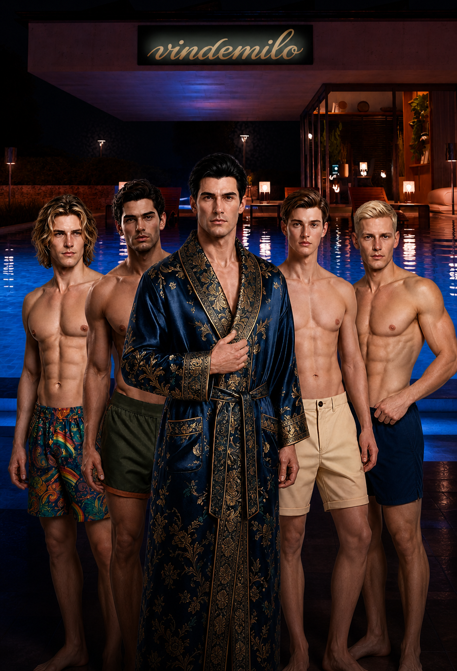 Five Vindemilo characters gathered in a private cinematic setting