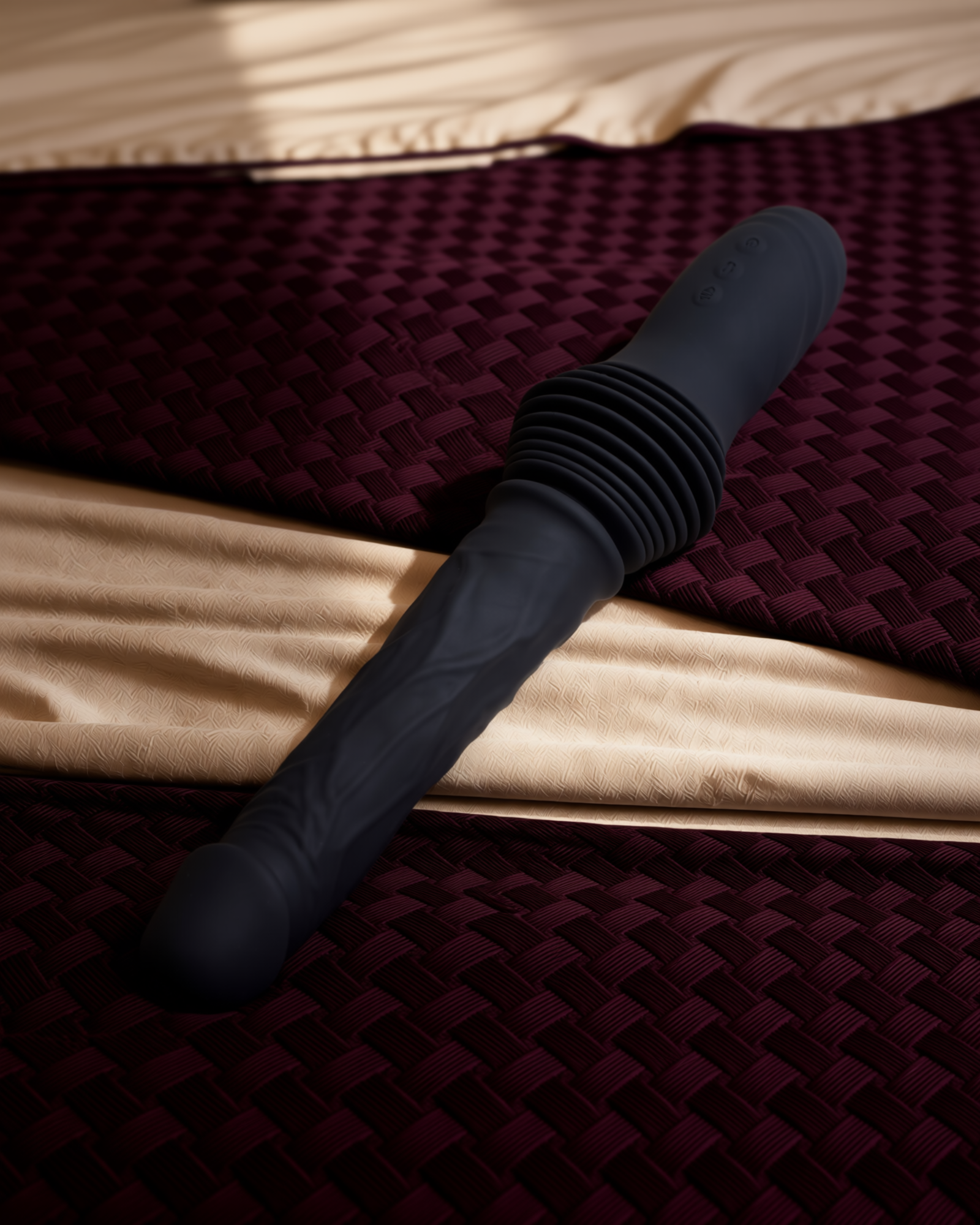 Ryndal Matte Obsidian at the foot of a bed at night