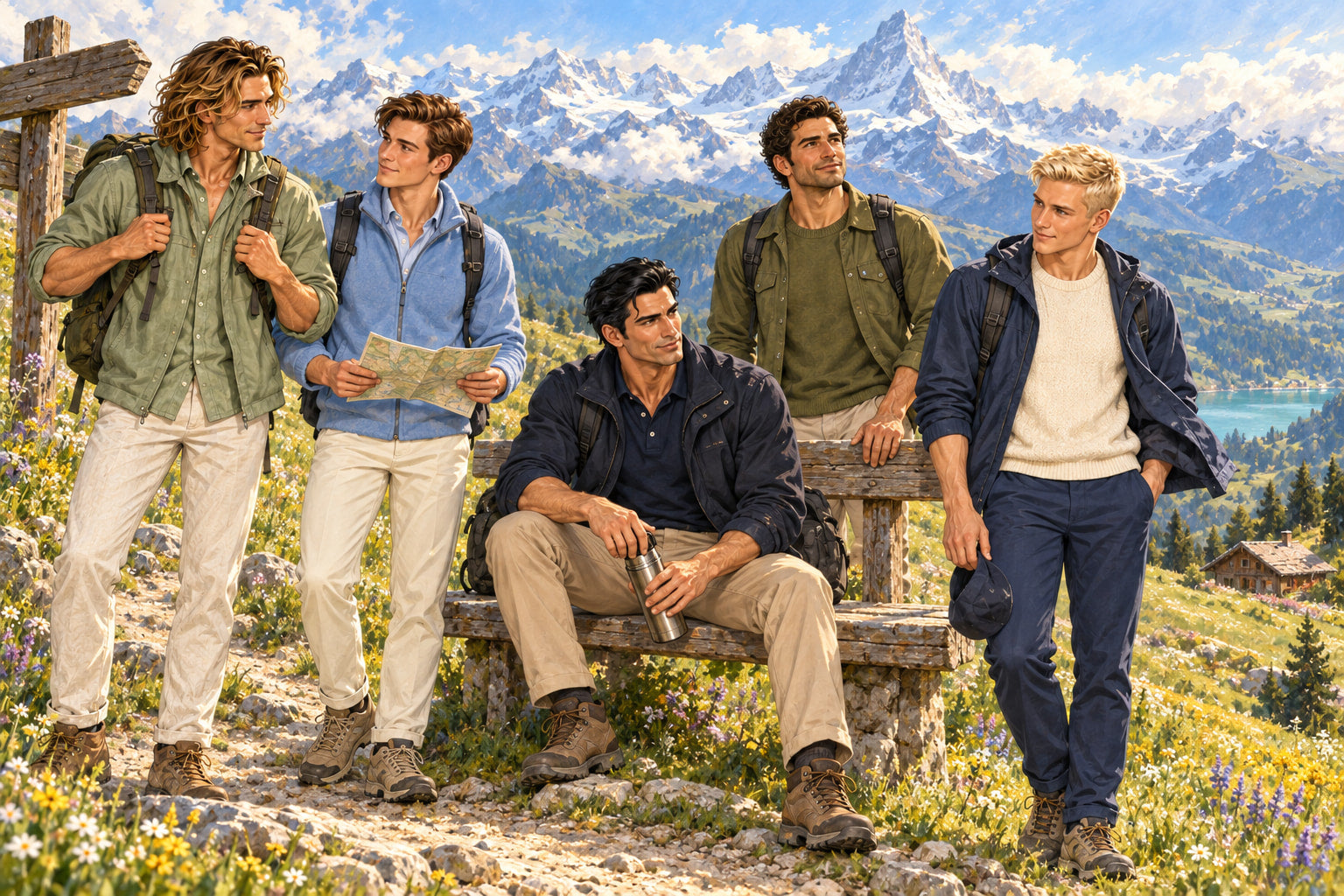 Dorian, Ruven, Ryndal, Gary and Plaudis taking a hiking break in an Alpine meadow beneath snowy peaks